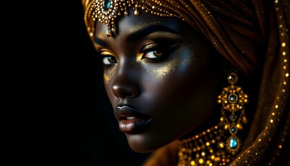 A captivating portrait of a woman adorned in intricate gold jewelry,  a symbol of opulence and beauty.