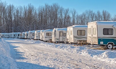 Winter RV storage lot with snow-covered campers in a snowy landscape