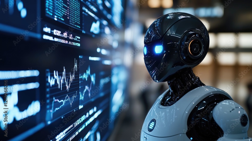 Poster robot analyzing data on screen, futuristic office background