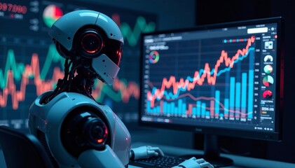 A futuristic robot analyzing financial data on a computer screen.