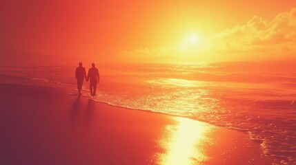 Fototapeta premium A couple walking on the beach at sunset