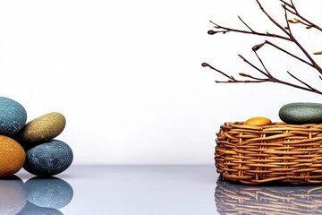 Colorful easter eggs arranged in a woven basket with a decorative branch and greenery
