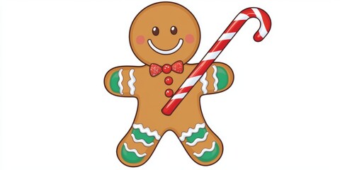 Colorful gingerbread man holding a striped candy cane during the holiday season