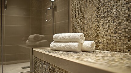 A bathroom with a bench and a shower