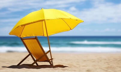 Yellow beach umbrella and chair on sandy beach with ocean waves