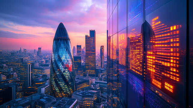 Vibrant Cityscape at Sunset with Glowing Stock Market Data Reflection