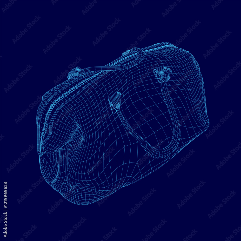 Poster blue bag with a zipper is shown in a computer-generated image. the bag is made of a wire mesh and ha