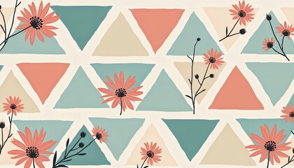 Geometric pattern with floral motifs and colorful triangles for modern design and decoration