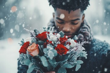A young man blushing as he drops a bouquet of flowers in front of the person he likes, struggling to pick them up while avoiding eye contact