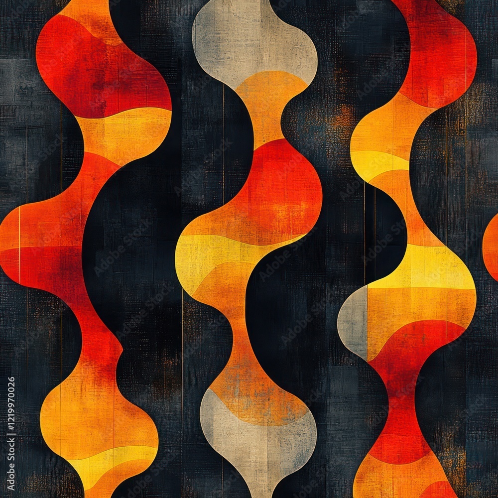 Poster abstract geometric pattern design with bold red and orange colors on deep navy background