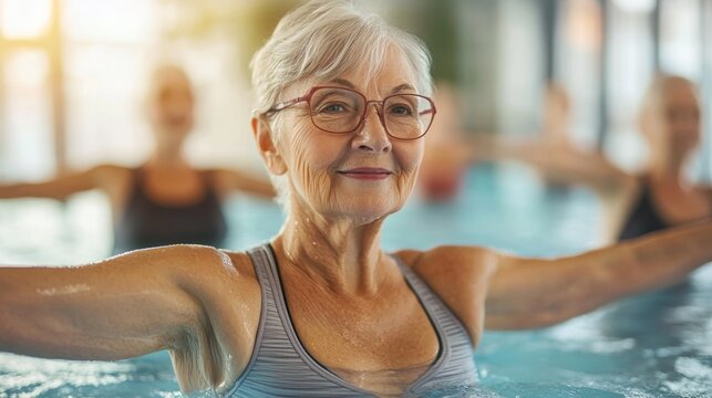 Older woman enjoying water exercise class in indoor pool at community center in bright afternoon light