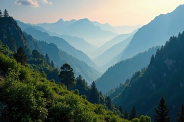 Fototapeta premium Dappled morning light filters through the Himalayan mountainside mist, gentle, dappled