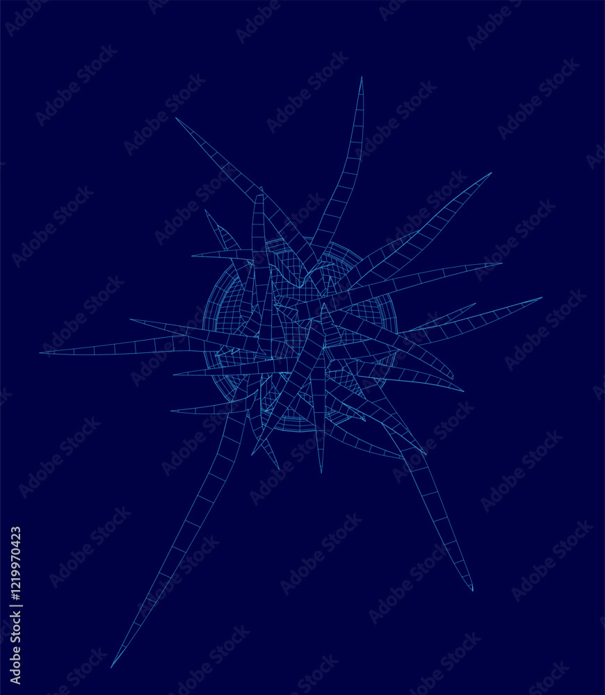 Poster blue image of a plant with many branches. the branches are all different sizes and are spread out in