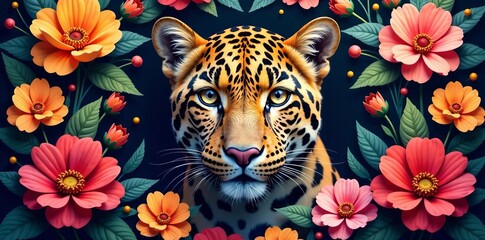A majestic leopard surrounded by vibrant flowers in a colorful natural setting.