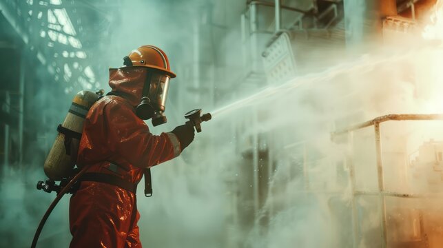 Firefighters spray high-pressure water and twirl mist extinguishers to combat oil flames, controlling the fire's spread with skill and teamwork.