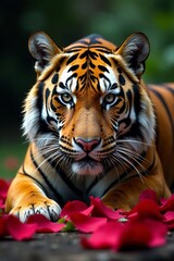 Naklejka premium A majestic tiger resting among vibrant rose petals in a natural setting.