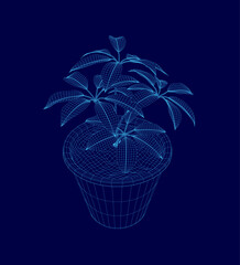 Blue image of a plant in a blue vase. The plant is in a 3D form and he is a digital drawing