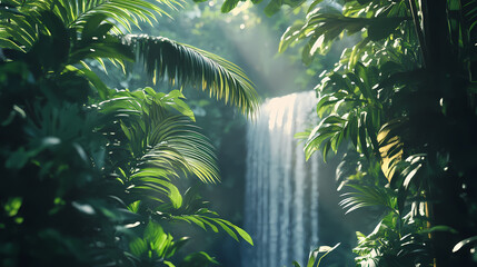 Naklejka premium Lush verdant tropical jungle with dense foliage and a captivating waterfall in the distance creating a serene and enchanting natural oasis. Enchanted Oasis. Illustration