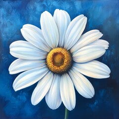 Close-up of a single white daisy against a blue background.
