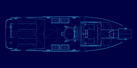 Blue drawing of a boat with a blue background. The boat is shown in a very detailed manner, with the inside of the boat and the deck clearly visible. The boat appears to be a large yacht