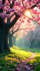 Fototapeta premium Dappled sunlight filtering through cherry blossom branches, greenery, shade, dappled light