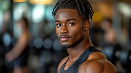 Gym portrait Muscular man, focused gaze, weights background, fitness