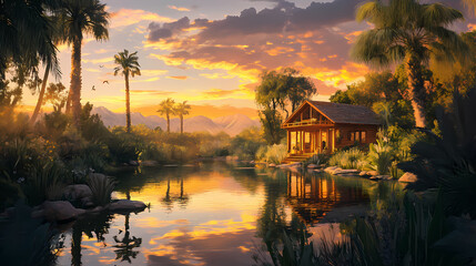 Fototapeta premium Serene desert oasis sunset scene featuring a charming wooden cabin reflected in a calm pond, surrounded by lush vegetation and majestic palm trees. Enchanted Oasis. Illustration