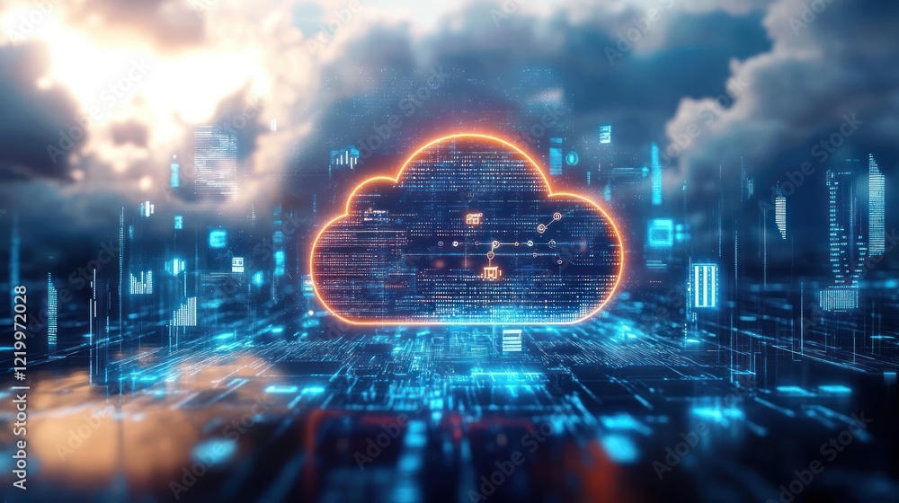 Poster futuristic digital cloud landscape with data streams and technology icons