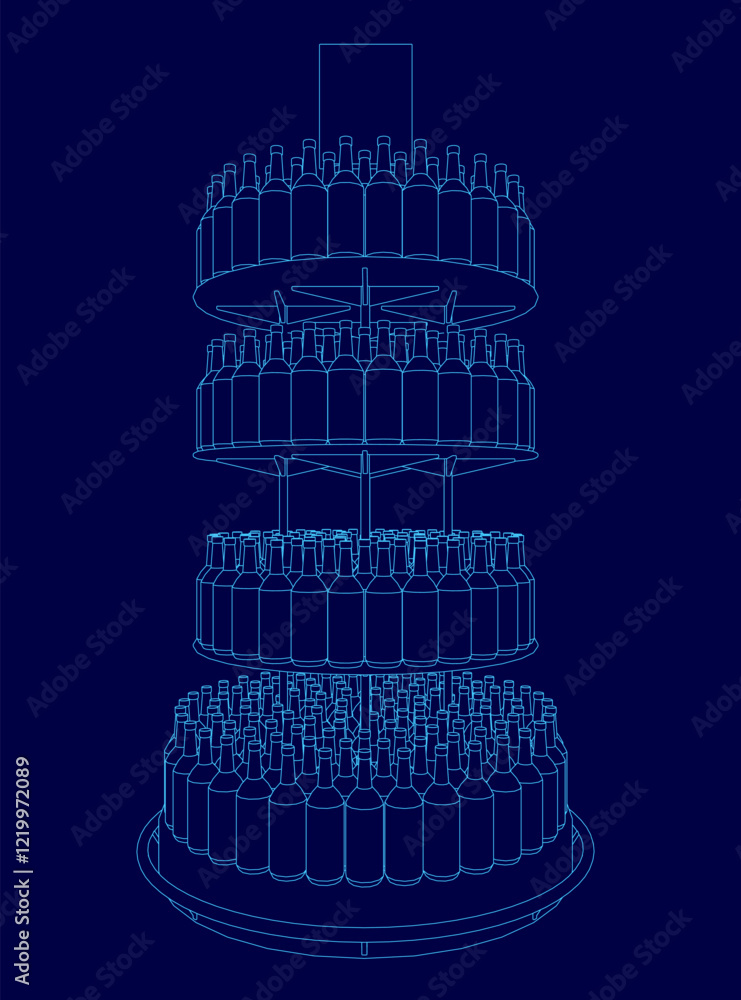 Poster the image is a blue drawing of a tall stack of wine bottles. the bottles are arranged in a pyramid s