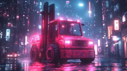 Cyberpunk Forklift Digital Illustration with Neon Purple Lights and Futuristic Cityscape Background