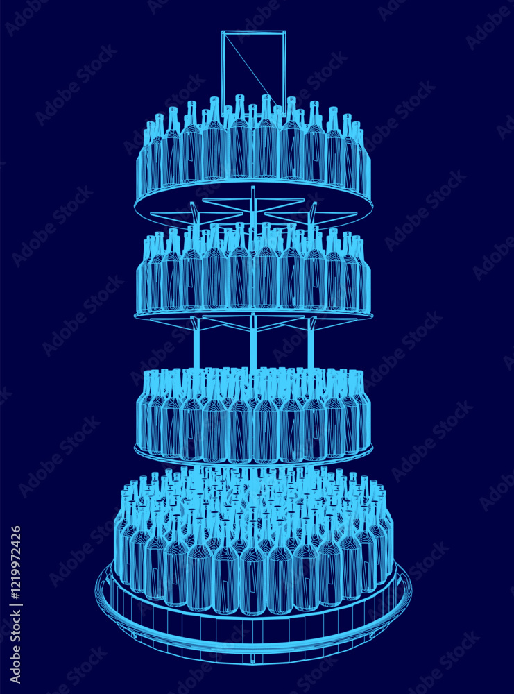 Poster blue 3d image of a tall stack of wine bottles. the image is of a cake made of wine bottles, with eac