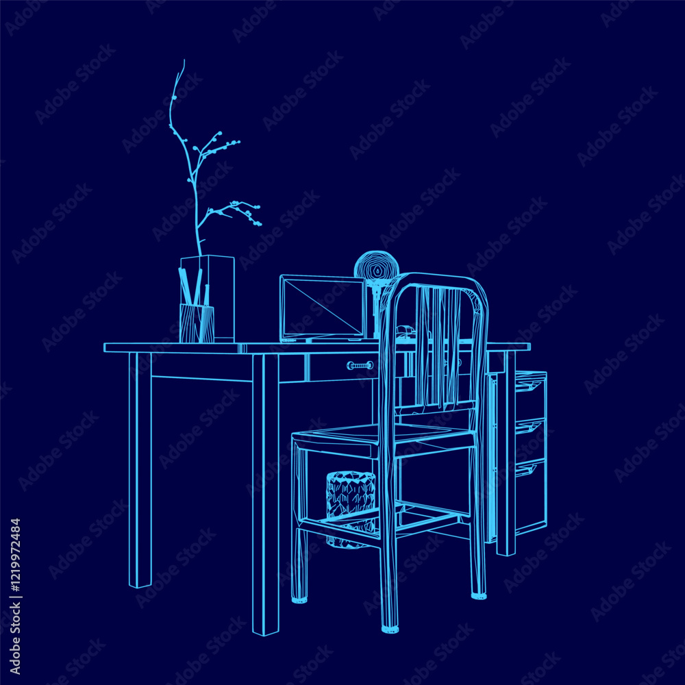Aufkleber blue drawing of a desk with a chair and a computer monitor. the chair is empty and the desk is clutt