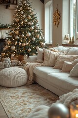 Warm Cozy Christmas Living Room with Beautiful Christmas Tree and Holiday Decor