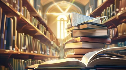 Obraz premium A stack of open and closed books with realistic textures, set in a library with soft light beams and bookshelves, symbolizing education and knowledge.