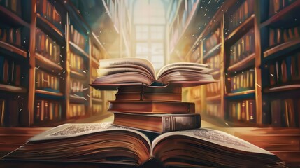 Fototapeta premium A stack of open and closed books with realistic textures, set in a library with soft light beams and bookshelves, symbolizing education and knowledge.