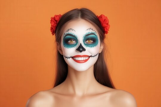 Woman with skeleton face paint wearing black outfit in a dark setting for halloween celebration