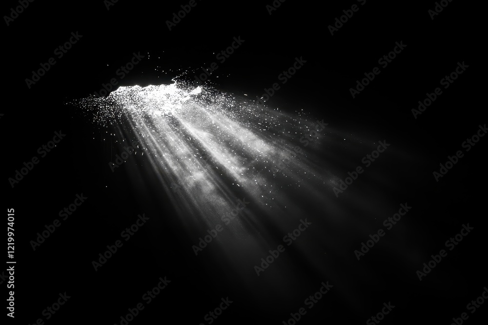 Poster dramatic light rays burst through darkness, particles illuminate the scene. ideal for adding a mysti