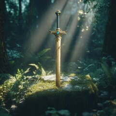 Naklejka premium Enchanted sword in mystical forest, sunlight rays illuminate the ancient blade.
