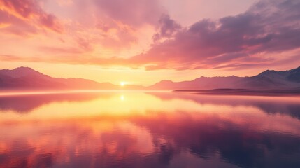 Fototapeta premium A beautiful sunset over a calm lake with mountains in the background