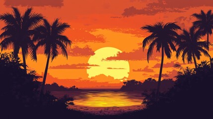 A sunset over the ocean with palm trees in the background