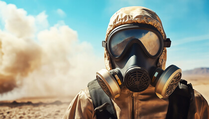 A gas mask placed on a person in a dusty environment.  Generative AI.