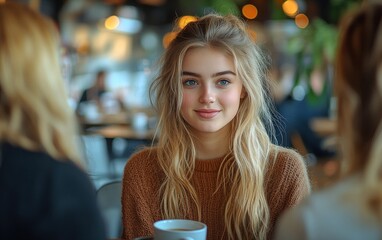 Two young women conversing in a bright university cafe with backpacks enjoying friendship and casual style