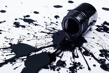 A black paint bottle spills onto a white surface, creating a dramatic contrast with splatters and droplets of paint scattered around.