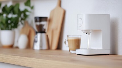A modern coffee maker sits on a wooden countertop, accompanied by a cup of coffee and kitchen items, enhancing a cozy kitchen ambiance.