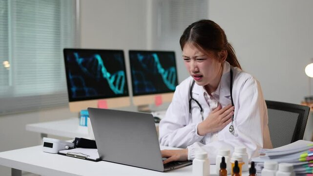 Medical professional experiencing sudden heart attack while working on laptop, struggling with intense chest pain and workplace stress in hospital office setting