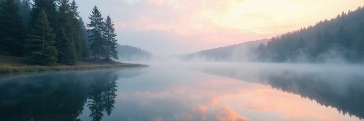 Obraz premium Misty morning reflection on calm lake with towering pines, nature, calm