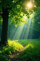 Obraz premium Dappled sunlight filters through a leafy canopy, shade, tranquility, sunlight