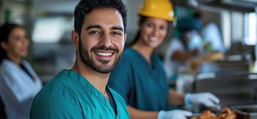 Smiling factory worker, colleague in background, food production. Stock photo