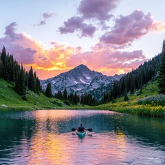 Serene Kayaking at Sunset in a Mountain Lake