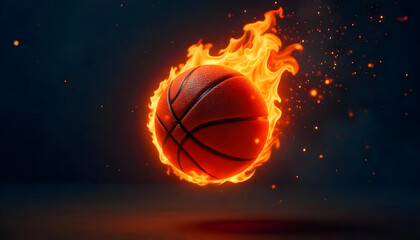Fototapeta premium A flaming basketball ball soaring upwards, flames licking around it, with a backdrop of a sunset sky filled with shades of red and purple.